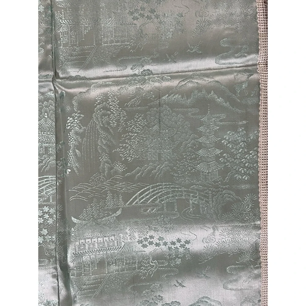 Vtg BROCADED Silky Ice Blue Tablecloth Cover Reversible China Fringe‎ 50x60